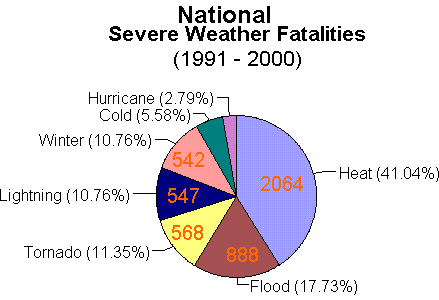 Graph of Severe Weather Fatalities from 1991 to 2000 across the United States.